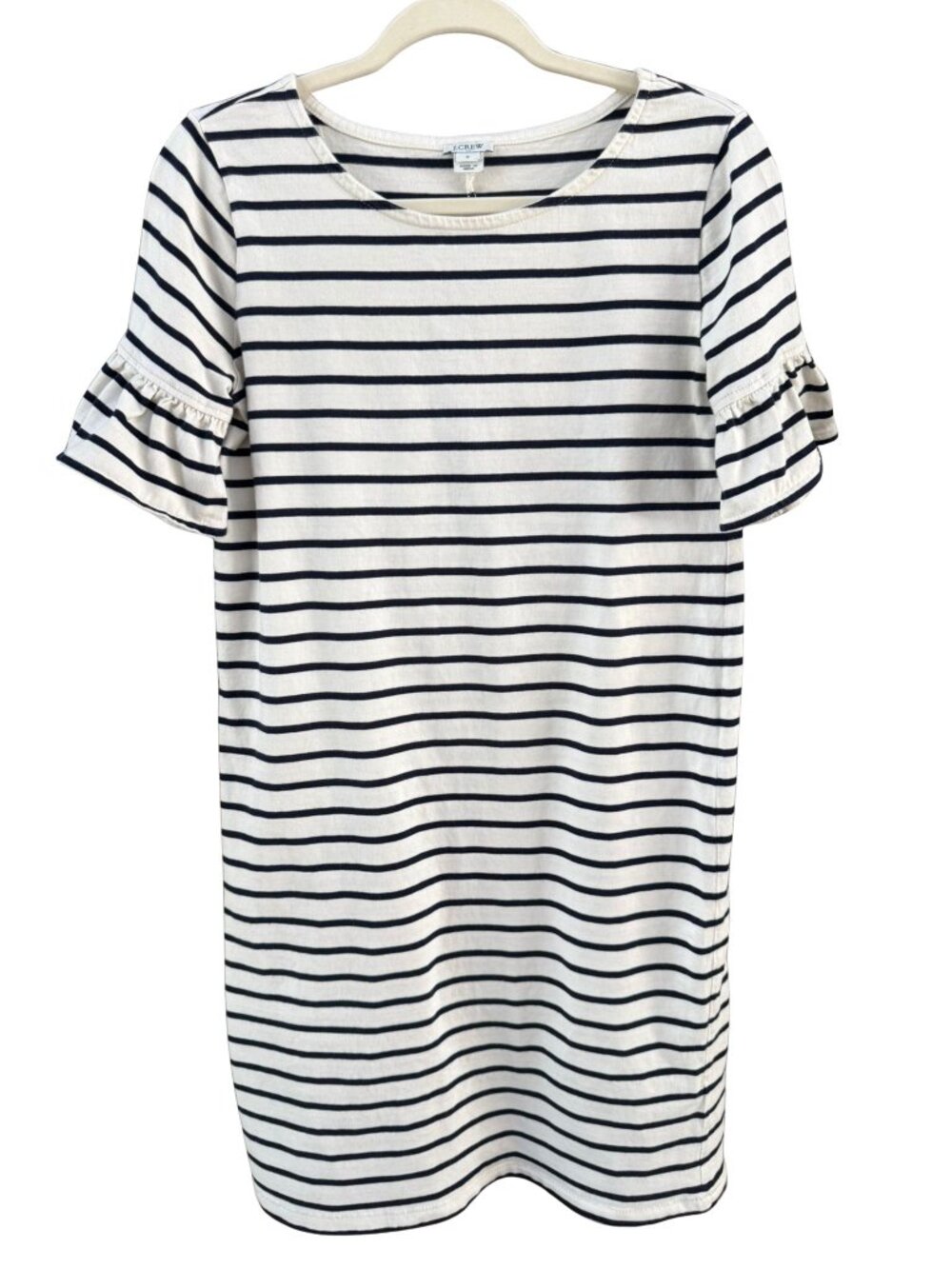 J.Crew Navy White Striped Ruffle Sleeve T-Shirt Dress Small 100% Cotton Nautical